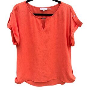 Calvin Klein Womens Orange Textured Short Roll Tab Sleeve Blouse Button Detail M